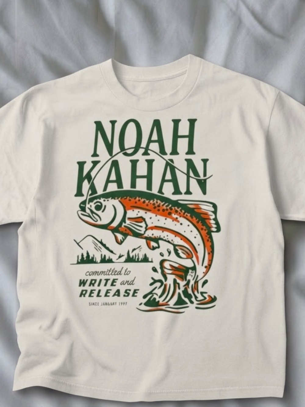 Noah Kahan White Tee with Green & Orange Fish Graphic